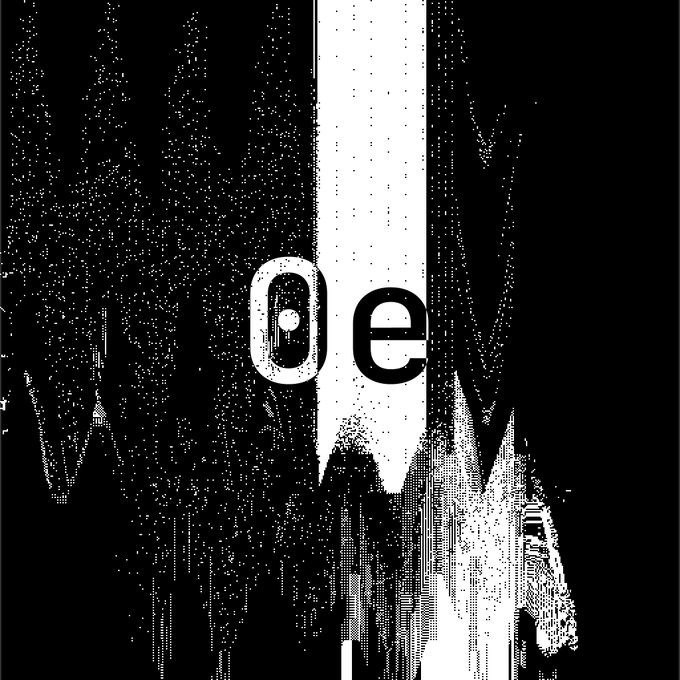 A high-contrast black and white glitch-art style graphic featuring the letters '0e' with distorted visual effects.
