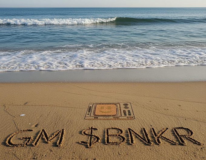 A beach scene with a microwave drawn in the sand above the text 'GM $BNKR'.