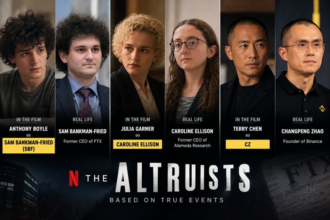 A Netflix promotional image for the show 'The Altruists' shows actors paired with the real people they portray: Anthony Boyle as Sam Bankman-Fried, Julia Garner as Caroline Ellison, and Terry Chen as CZ (Changpeng Zhao of Binance).