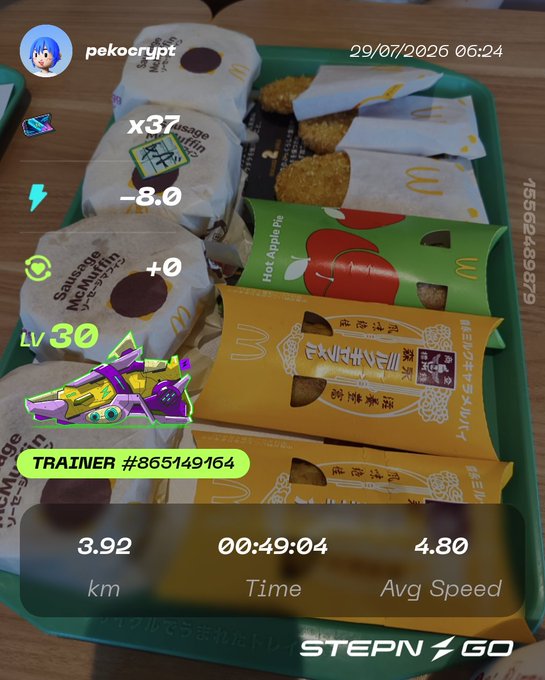 A STEPN GO app screenshot showing McDonald's breakfast items (sausage McMuffins and apple pies) with workout stats: 3.92 km, 00:49:04 time, 4.80 avg speed, displaying Level 30 trainer #865149164.