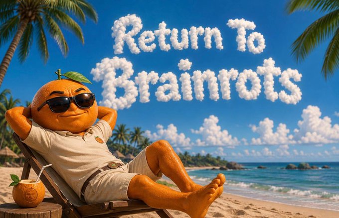 An orange character wearing sunglasses relaxes on a beach chair with the cloud-shaped text 'Return To Brainrots' floating in the sky above.