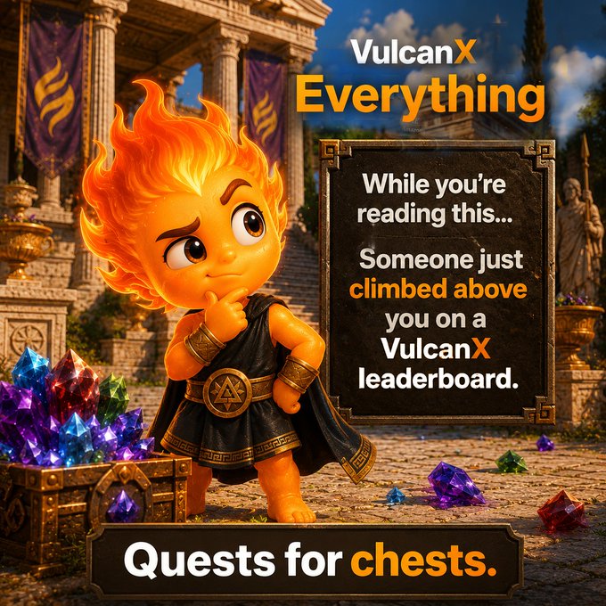 An advertisement for VulcanX featuring a cartoon fire-headed character in Greek-style attire with the tagline 'Quests for chests.'