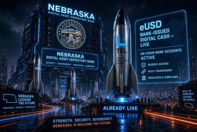 A futuristic digital cityscape showcases the Nebraska Digital Asset Depository Bank chartered under "NEBRASKA" and "TEL" branding, with prominent text highlighting "eUSD BANK-ISSUED DIGITAL CASH - LIVE," "ON-CHAIN BANK ACCOUNTS ACTIVE," and "ALREADY LIVE," emphasizing Telcoin's established regulatory position and live bank-issued eUSD stablecoin in contrast to XRPL's ongoing evolution.