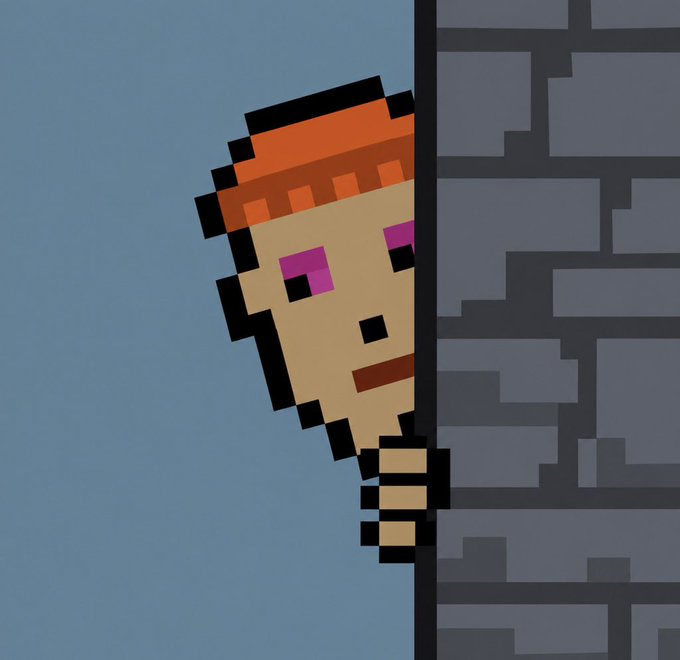 A pixel-art character with bright pink eyes and an orange headband peeks cautiously from behind a gray brick wall, perfectly illustrating the "Hide your CryptoPunks" message by depicting a worried-looking CryptoPunk-style figure trying to conceal itself.