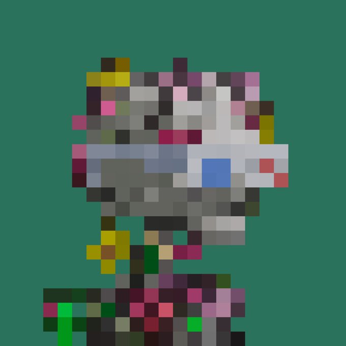 A heavily pixelated, abstract image on a dark green background, resembling a stylized character or object composed of colorful blocks.