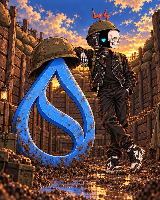 A skeletal character in military gear and a helmet leaning against a large blue and rusted droplet logo in a muddy trench setting at sunset.