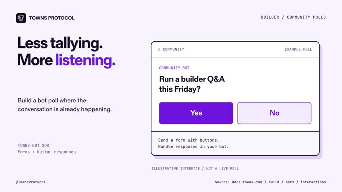 A Towns Protocol promotional graphic reading 'Less tallying. More listening.' featuring an example community poll with Yes/No buttons for a builder Q&A.