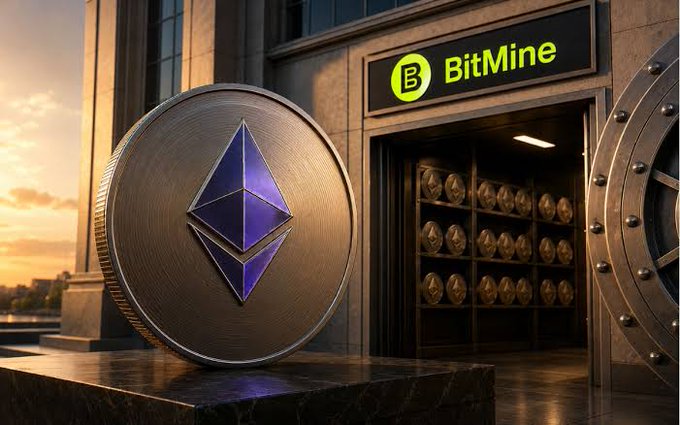 A large physical Ethereum coin (ETH) displayed prominently in front of a 'BitMine' building entrance with a vault door and shelves of coins visible inside.