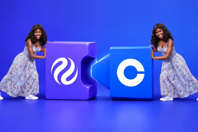 A promotional graphic featuring a woman in a floral dress standing between two interlocking purple and blue puzzle blocks displaying the logos for Peloton and Equinox.