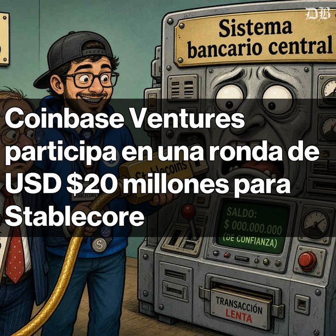The image features a cartoon illustration of a smiling person in a cap and glasses, accompanied by another figure, standing next to an anthropomorphized machine labeled "Sistema bancario central" (Central banking system) with "St..." (likely Stablecoins) being inserted into it. The machine displays "SALDO: $000.000.000 (DE CONFIANZA)" and "TRANSACCIÓN LENTA," symbolizing how Stablecore is bringing stablecoins and tokenized deposits to traditional banking infrastructure.