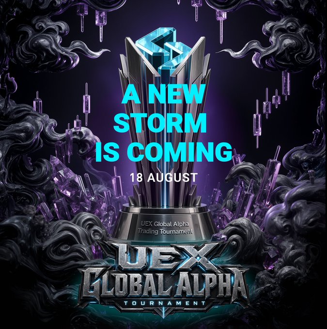 A metallic championship-style trophy topped with a blue crystal cube is surrounded by purple crystals and dark stormy clouds, with text reading "A NEW STORM IS COMING — 18 AUGUST" above the "UEX Global Alpha Trading Tournament" logo. The dramatic, foreboding visuals perfectly capture the post's countdown teaser, emphasizing the imminent launch of the UEX Global Alpha Tournament (#UEXGAT) with its storm-themed branding.
