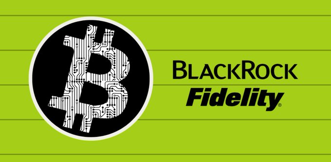 The image features a stylized Bitcoin logo (a black "B" with circuit board patterns inside a circle) alongside the text "BlackRock Fidelity" on a lined green background. This visually reinforces the post's message about BlackRock and Fidelity selling $61.1M worth of Bitcoin ($BTC), contributing to institutional ETF selling pressure.