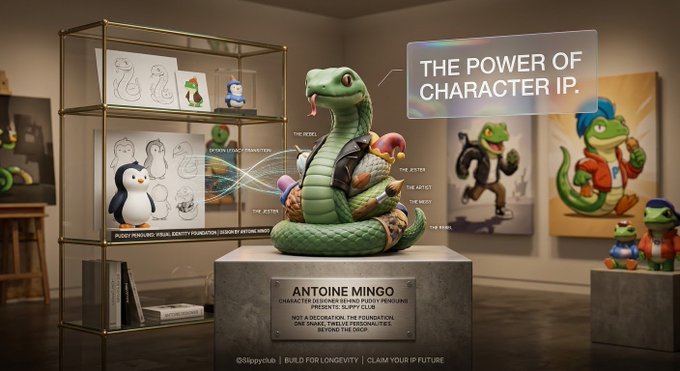 A character IP showcase titled 'THE POWER OF CHARACTER IP' featuring an 'ANTOINE MINGO' designer statue of a snake character, surrounded by concept art sketches, figurines, and posters in a gallery setting.