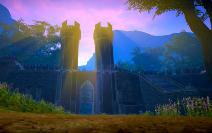 A stylized video game screenshot of a tall stone castle with twin towers and a glowing arched gate, set against mountains and a purple sunset sky.