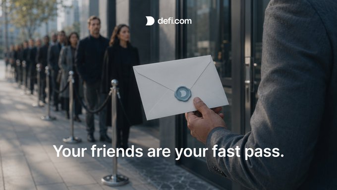 A Defi.com advertisement showing a hand holding a white sealed envelope in front of a line of people, with the text 'Your friends are your fast pass.'