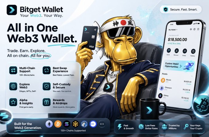 An advertisement for "Bitget Wallet" featuring an illustrated monkey character wearing sunglasses and a headband with a Japanese flag, holding a Visa card. The ad promotes it as an "All in One Web3 Wallet" with features like Multi-Chain Support, Best Swap Experience, and Self-Custody & Secure, displaying a portfolio of $18,500.00.