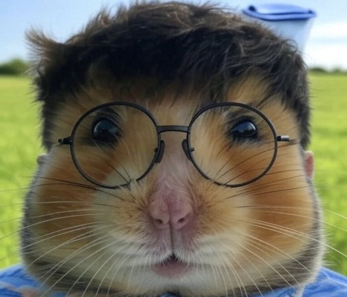 A close-up image of a hamster wearing oversized round black glasses, set against a background of green grass and blue sky.