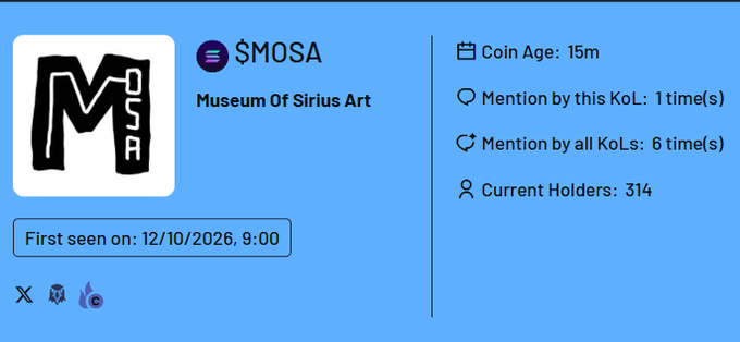 A token information card displays '$MOSA - Museum Of Sirius Art' on a blue background, showing 'Coin Age: 15m', 'Mention by this KoL: 1 time(s)', 'Mention by all KoLs: 6 time(s)', 'Current Holders: 314', and 'First seen on: 12/10/2026, 9:00'.