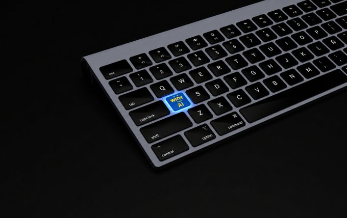 A close-up of a dark laptop keyboard with a glowing blue key labeled 'Winx AI' in place of the 'A' key.