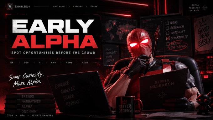 A promotional banner for SAINTLEE04's 'EARLY ALPHA' crypto research platform, featuring a figure in a red armored suit working at laptops labeled 'EXPLORE ANALYZE SHARE REPEAT' and 'ALPHA RESEARCH'.