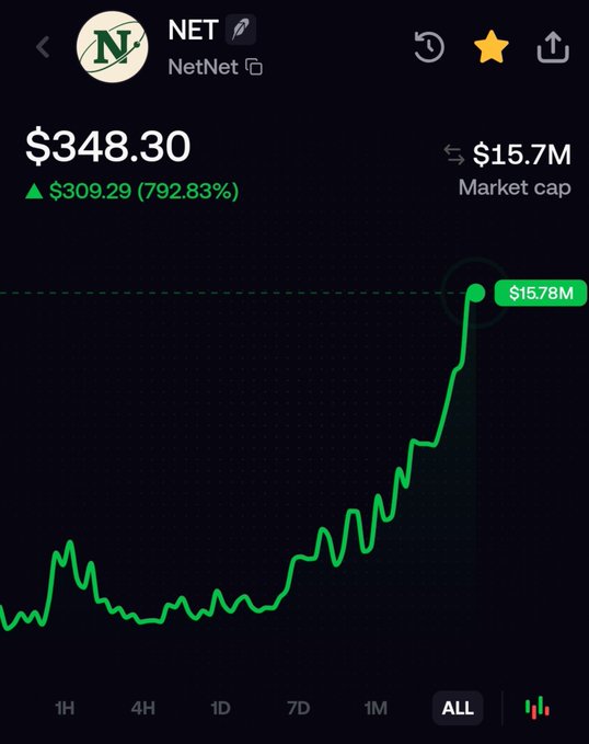 The image displays Robinhood's crypto trading page for NET (NetNet) token, priced at $348.30 with a massive 792.83% gain ($309.29 increase) and a $15.7M market cap. The all-time chart shows the token's dramatic parabolic price surge, peaking at $15.78M, which aligns with the post referencing "robin上的ohm @NetNetCap"—a likely AI commentary on OHM-style treasury-backed crypto tokens experiencing hyperinflation-like price action.