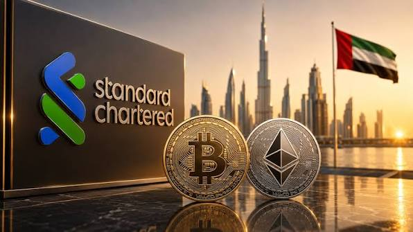 A polished digital image features the Standard Chartered bank logo and name displayed prominently on a dark sign, set against a backdrop of Dubai's iconic skyline featuring the Burj Khalifa and the UAE flag at sunset. In the foreground, a golden Bitcoin coin and a silver Ethereum coin rest on a reflective marble surface, symbolizing the bank's entry into cryptocurrency services. This visual ties directly to the post's announcement that Standard Chartered is now allowing institutional clients to directly buy and sell Bitcoin and Ether, eliminating the need to route transactions through crypto exchanges like Coinbase or rely solely on ETFs and futures.