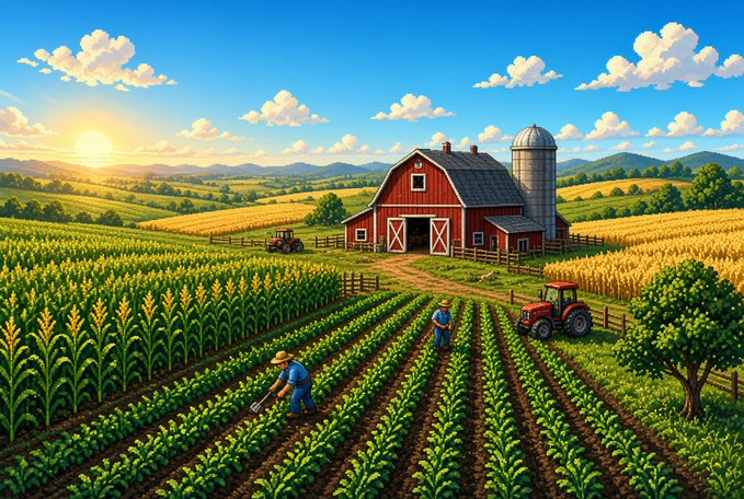 A vibrant illustrated farm scene featuring a red barn with a silo, cornfields, two farmers working in the rows, a tractor, and rolling hills under a sunset sky.