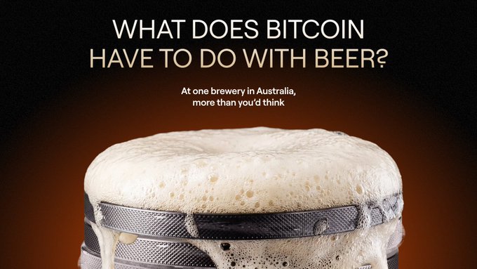 A promotional image with text 'WHAT DOES BITCOIN HAVE TO DO WITH BEER? At one brewery in Australia, more than you'd think' above a foaming beer glass.