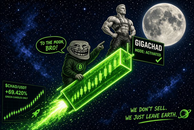 Crypto meme illustration featuring a Gigachad figure and a Trollface character riding a glowing green rocket through space, with text reading 'TO THE MOON, BRO!', '$CHAD/USDT +69.420%', and 'WE DON'T SELL. WE JUST LEAVE EARTH.'