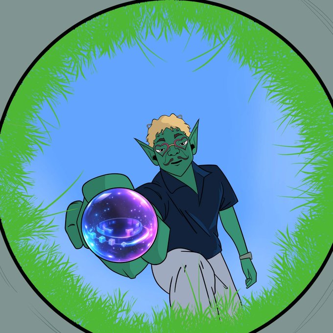 An illustration of a green-skinned elf-like character with blonde hair and red glasses, holding out a glowing purple and blue orb, viewed through a circular frame of grass against a blue sky.