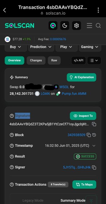 A Solscan transaction page on solscan.io showing a successful swap of 0.00005676 WSOL for 28,142.301731 LOAN on Pump.fun AMM, timestamped June 01, 2025.