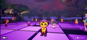 A video game scene featuring a yellow leopard character among other cartoon avatars on a purple-lit platform, with player name tags floating above and chat/menu icons visible.