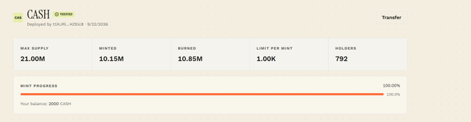 A dashboard for the $CASH token displays supply metrics showing 21.00M max supply, 10.15M minted, 10.85M burned (exceeding minted due to counterfeiting cleanup), with 792 holders and 100% mint progress, with the user holding a balance of 2000 CASH—visually confirming the team's post about burning fake-minted tokens from exploited wallets.