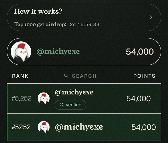 A leaderboard screenshot showing user @michyexe with 54,000 points at rank #5,252, with a countdown for an airdrop to the top 1000.