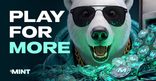 A promotional graphic featuring a white dog wearing sunglasses surrounded by teal coins with "M" logos, with text "PLAY FOR MORE" and the "MINT" logo.