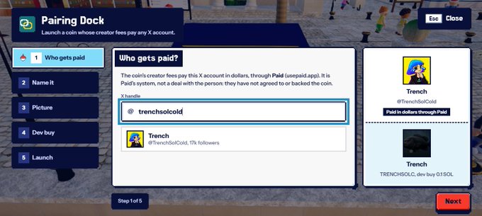 A 'Pairing Dock' setup screen for launching a coin called 'Trench' (@TrenchSolCold), currently on 'Step 1 of 5' to select who gets paid via X handle.