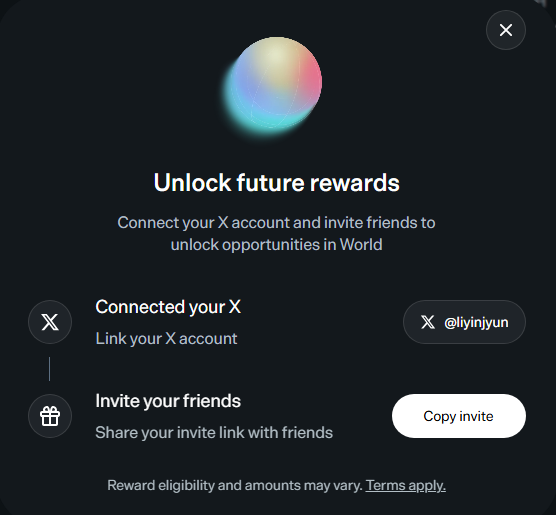 A dark-themed app screen titled 'Unlock future rewards' prompts users to connect their X account and invite friends, displaying a connected handle of @liyinjyvn and a 'Copy invite' button.