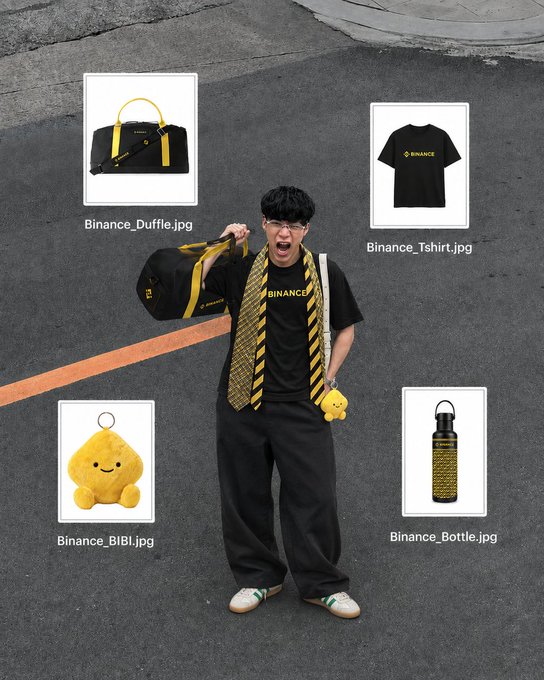 A person wearing Binance branded merchandise (t-shirt and scarf) holding a duffle bag, surrounded by product images labeled Binance_Duffle.jpg, Binance_Tshirt.jpg, Binance_BIBI.jpg, and Binance_Bottle.jpg.
