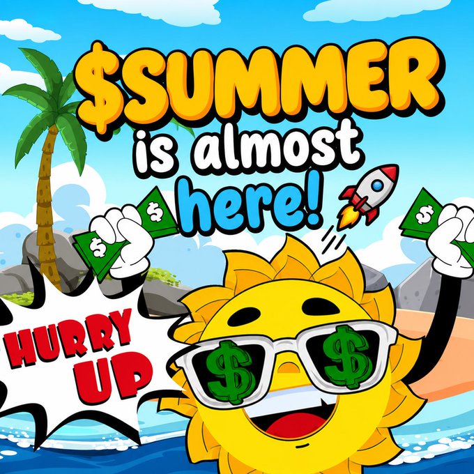 A cartoon sun wearing "$" sunglasses holds up cash with the bold text "$SUMMER is almost here!" and "HURRY UP" set against a tropical beach scene with a rocket and palm tree, visually hyping the upcoming launch of $SUMMER token on Solana referenced in the post.