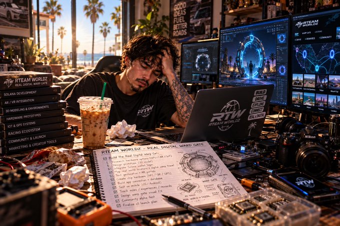 A young man with tattoos sits at a cluttered desk with multiple monitors displaying digital designs, surrounded by cameras (RTW, RTeam Worldz - Real Digital War's Gate), with a notebook and iced coffee in front of him.