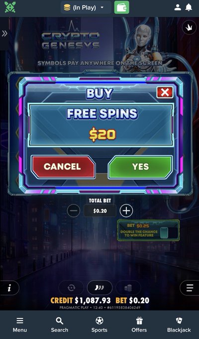 A mobile casino screen for "Crypto Genesys" by Pragmatic Play shows a pop-up prompt to "BUY FREE SPINS" for $20, with options to "CANCEL" or select "YES," while the player's credit balance reads $1,087.93 on a $0.20 total bet—aligning with the post promoting a gamble on Duelbits to see if the spins can "cook."