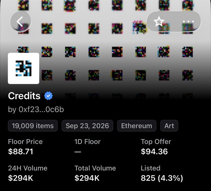 A dark-mode mobile screenshot of an NFT collection page for 'Credits' by 0xf23...0c6b on Ethereum, showing 19,009 items dated Sep 23, 2026, with a floor price of $88.71, top offer of $94.36, and 24H volume of $294K.