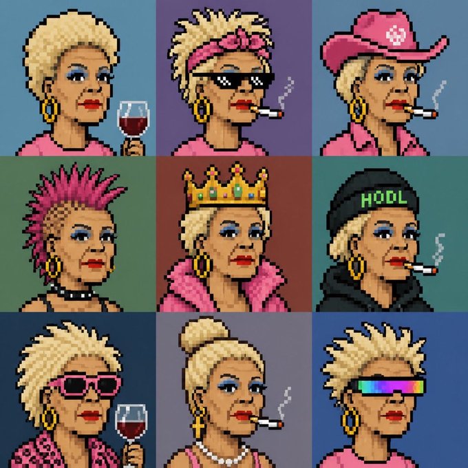 A 3x3 grid of pixel-art portraits featuring the same blonde woman in various stylized looks, including with a wine glass, pixel sunglasses, a pink cowboy hat, a pink mohawk, a crown, a 'HODL' beanie, and other eclectic outfits.