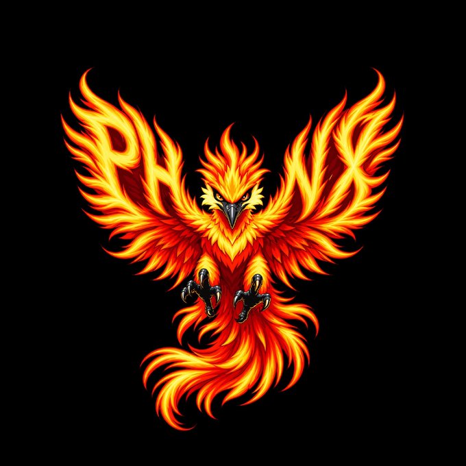 A vibrant phoenix composed entirely of red, orange, and yellow flames soars against a black background, its wings spread wide and talons extended in a powerful pose. The fiery bird visually embodies the "PHNX" branding of the giveaway, symbolizing rebirth and energy in alignment with the promotional post offering guaranteed prizes and whitelist spots to participants.