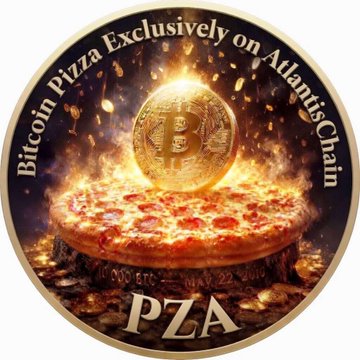 A pizza-themed cryptocurrency coin reads "Bitcoin Pizza Exclusively on Atlantis Chain" along the top and "PZA" at the bottom, with a golden Bitcoin emblem rising from a flaming pizza. The image humorously reimagines the famous Bitcoin Pizza story as an Atlantis Chain exclusive, visually separating it from the original Bitcoin blockchain to reinforce the post's point that a forked chain is a distinct blockchain rather than the original Bitcoin chain.