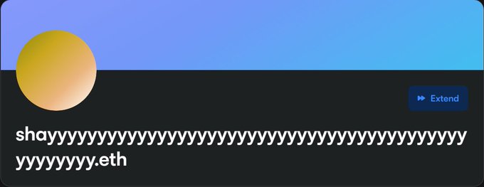 The image shows a dark ENS name card with a blue-and-yellow circular avatar, an “Extend” button, and the long name “shayyyyyyyyyyyyyyyyyyyyyyyyyyyyyyyyyyyyyyyyyyyyyyyy.eth.” It refers to the newly identified 107th ENS name after nearly four years of searching.