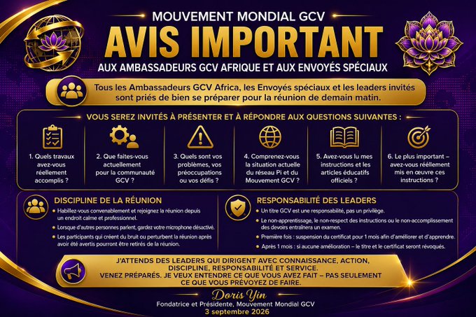 A purple and gold announcement banner from 'Mouvement Mondial GCV' addressed to GCV Africa ambassadors and special envoys, signed by Doris Yin, Founder and President, dated 3 septembre 2026.