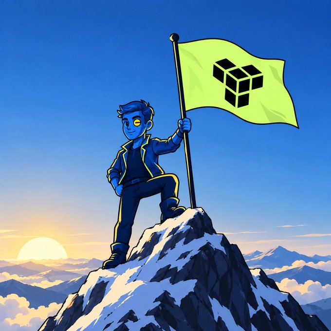 A digital illustration of a blue-skinned character standing on a snowy mountain peak at sunrise, holding a green flag with a black cube logo, with clouds below.