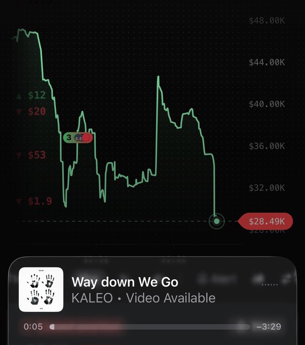 A Bitcoin price graph shows a steep decline from ~$48K to $28.49K, paired with the KALEO song "Way Down We Go" playing at 0:05, visually and lyrically mirroring the crypto market's dramatic downturn.