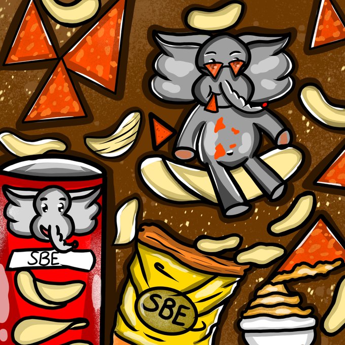 A cartoon gray elephant with orange Doritos chips among its snacks sits surrounded by scattered chips and "SBE" branded snack containers (red can and yellow bag), visually representing the "Snack Time" July airdrop gifted to holders.
